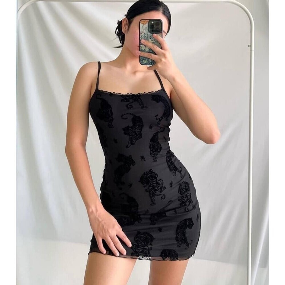 H&M Divided Mesh Mini Dress M Black Velvet Tiger Spaghetti Strap Whimsigoth alt